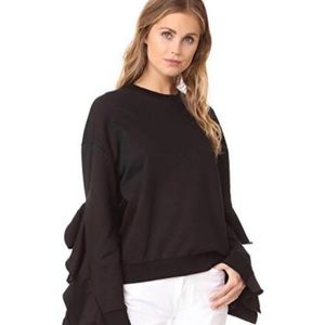 J.O.A Sweatshirt Cascade Ruffle Sleeve Black Crewneck Soft Knit Sweater XS